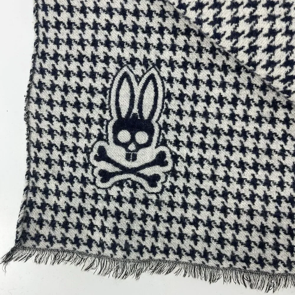 Psycho Bunny Scarf Navy Houndstooth Check Wool Italy Made 70